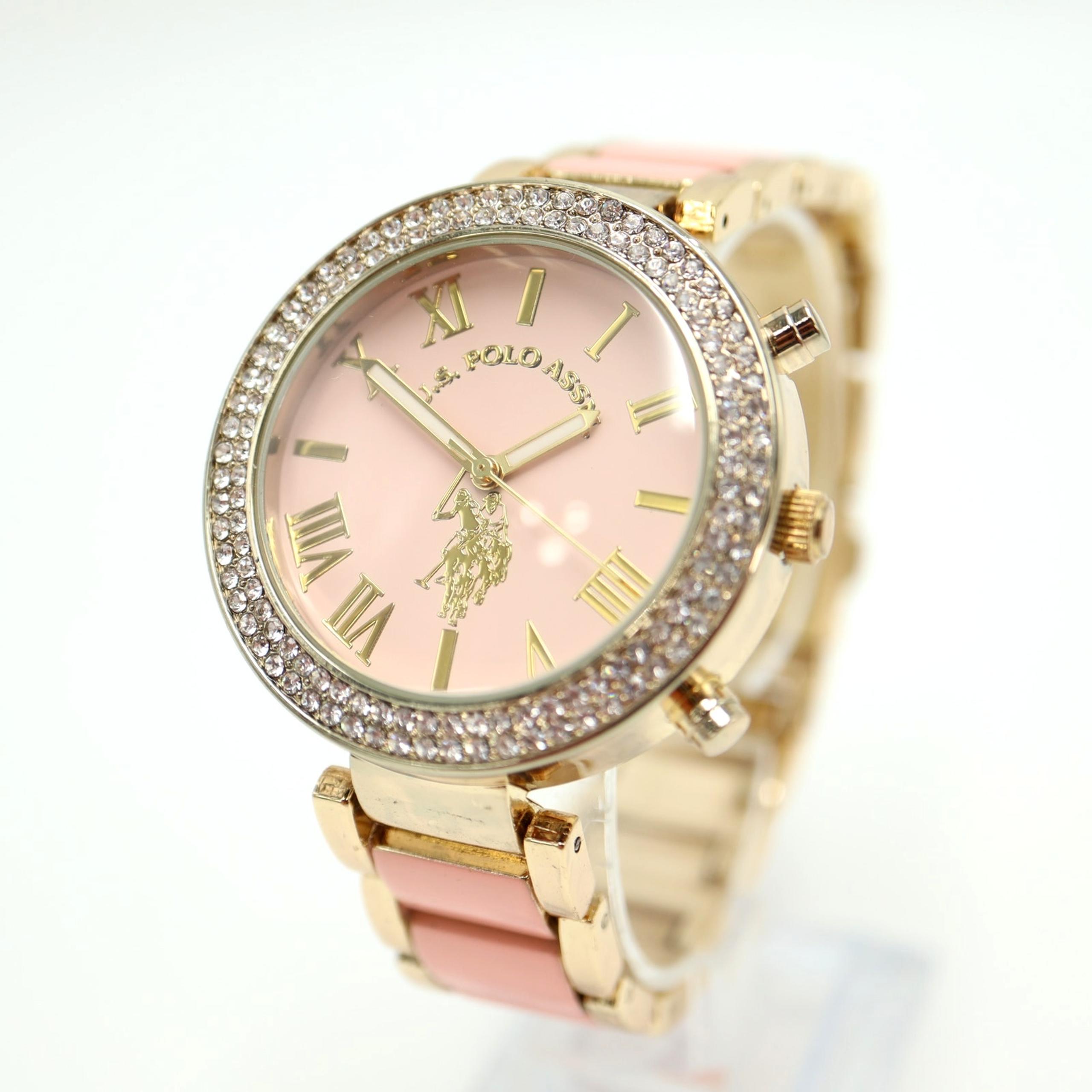 US POLO ASSN Ladies Pink Gold Tone Watch 40mm Jewel Bezel with New Battery