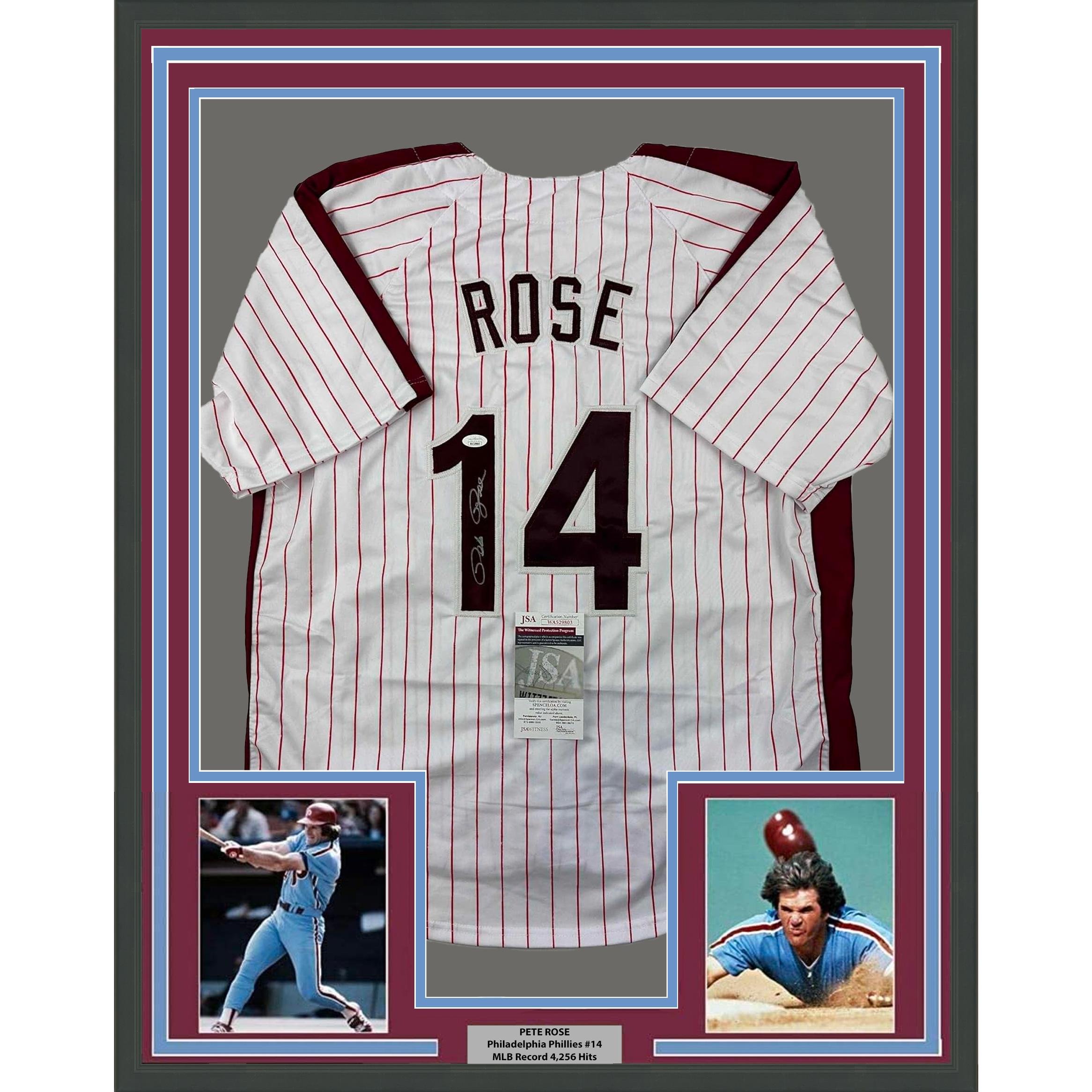 Framed Autographed/Signed Pete Rose Philadelphia 35x39 Pinstripe Jersey JSA COA