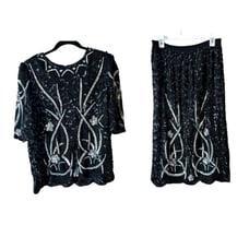 Vintage Silk Sequin Blouse and Skirt Matching Set Size Medium