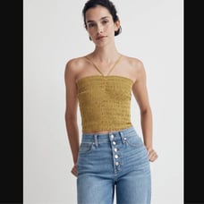 Madewell Citrus Lime Green Poplin Smocked Halter Crop Top L