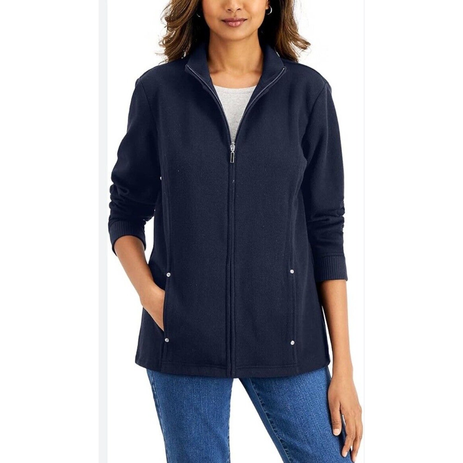 Karen Scott Woman’s Sport Ribbed Mock Neck Full Zip Sweater (Intrepid Blue, PXL)