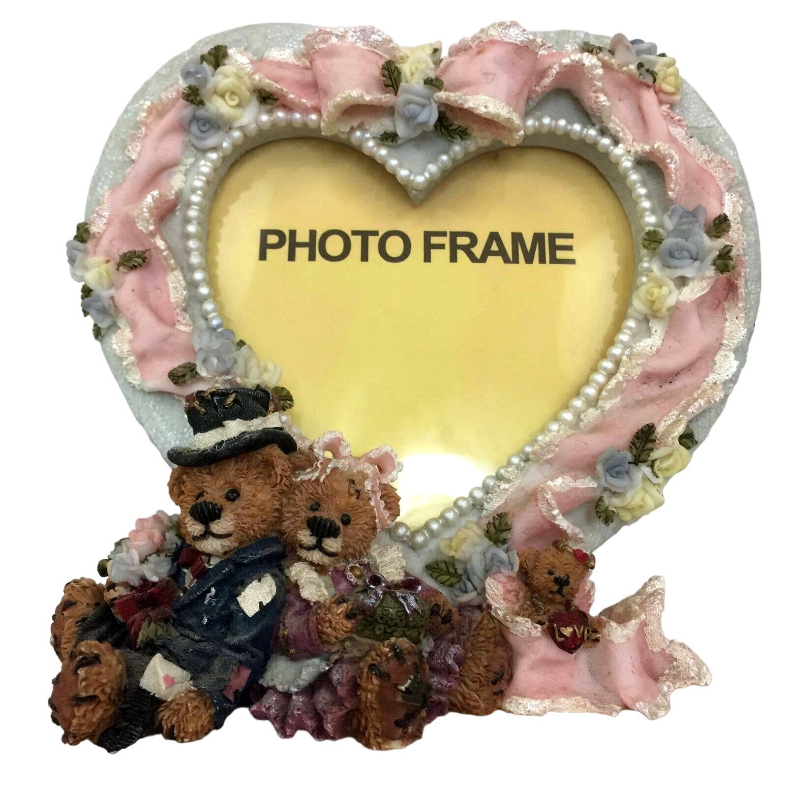 Teddy Bear Wedding Decoration Heart Design Resin Shabby Chic Desk Photo Frame