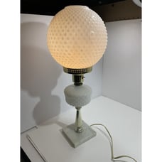 Vintage 20” White Milk Glass Hobnail Globe Hurricane Parlor Lamp Marble Base