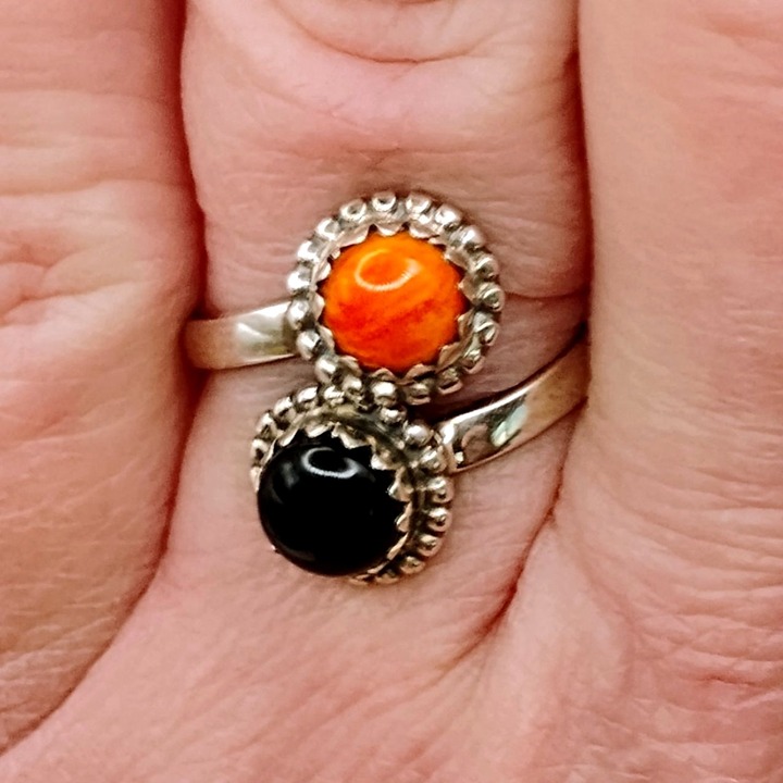 Sterling Silver Adjustable Bypass Ring Orange Spiny Oyster & Black Onyx