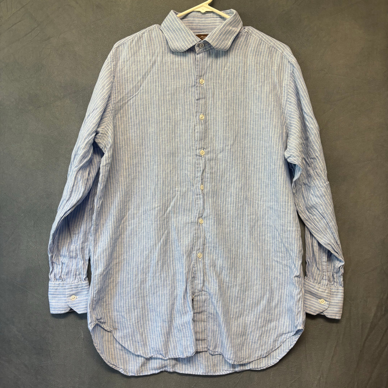 Hamilton Linen Dress Shirt Striped Nautical Boat Vacation Beachy April 11 Comfy
