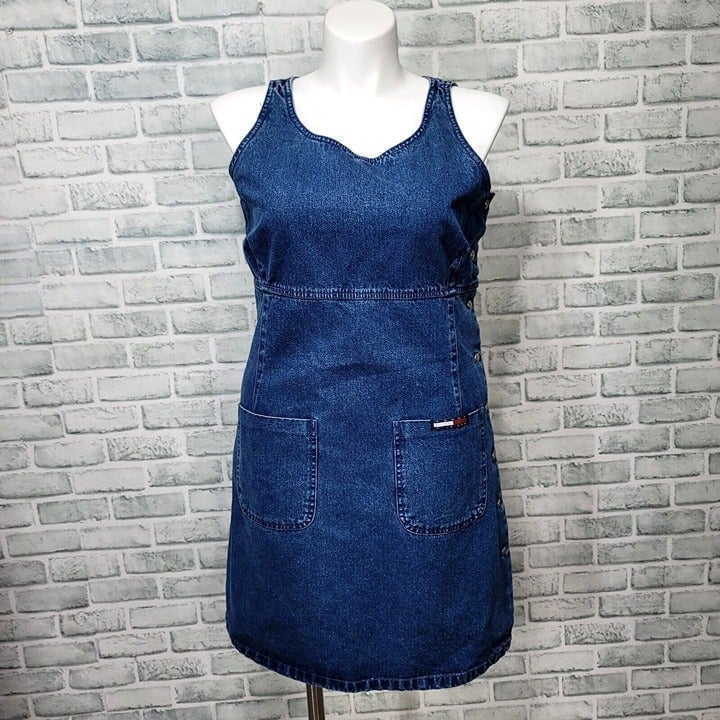 Vintage 90s Y2K Tommy Jeans Womens 14 Denim Tank Mini Dress Button Side