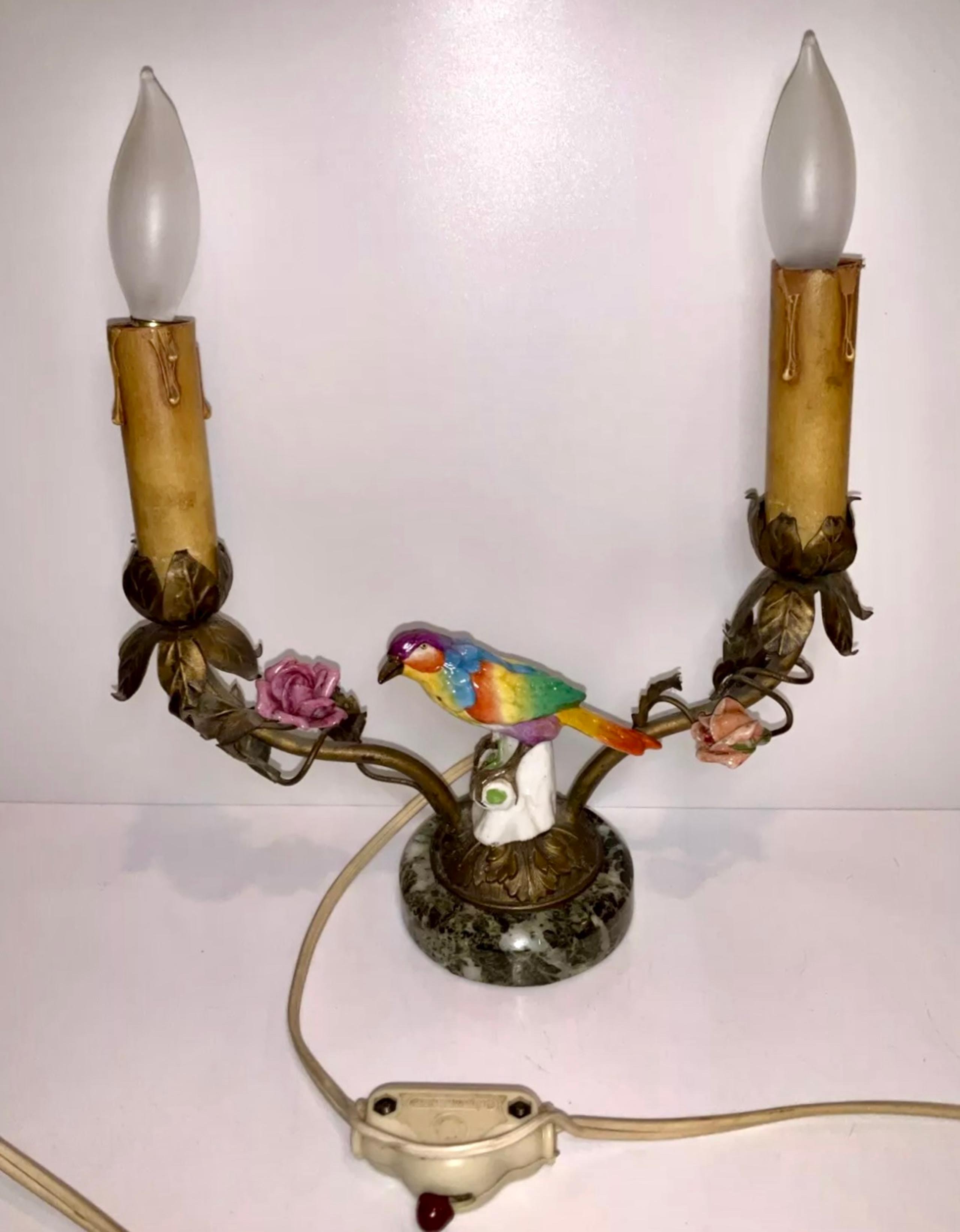 Antique Beautiful 1930’s Two Light Lamp Table Figural Porcelain, Bronze Marble