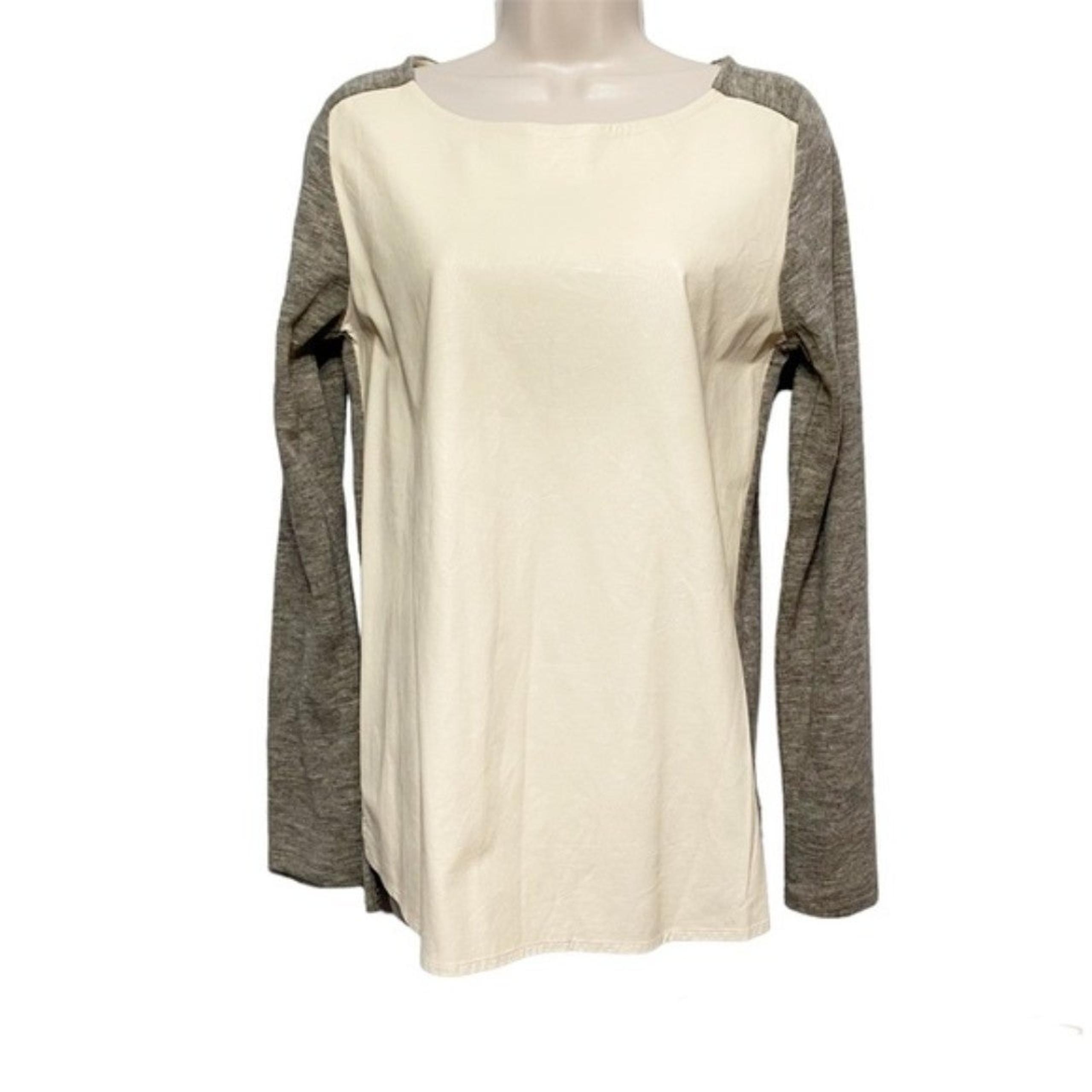 Anthropologie THML Cream Gray Vegan Leather Knit Top Sz Medium Long Sleeve
