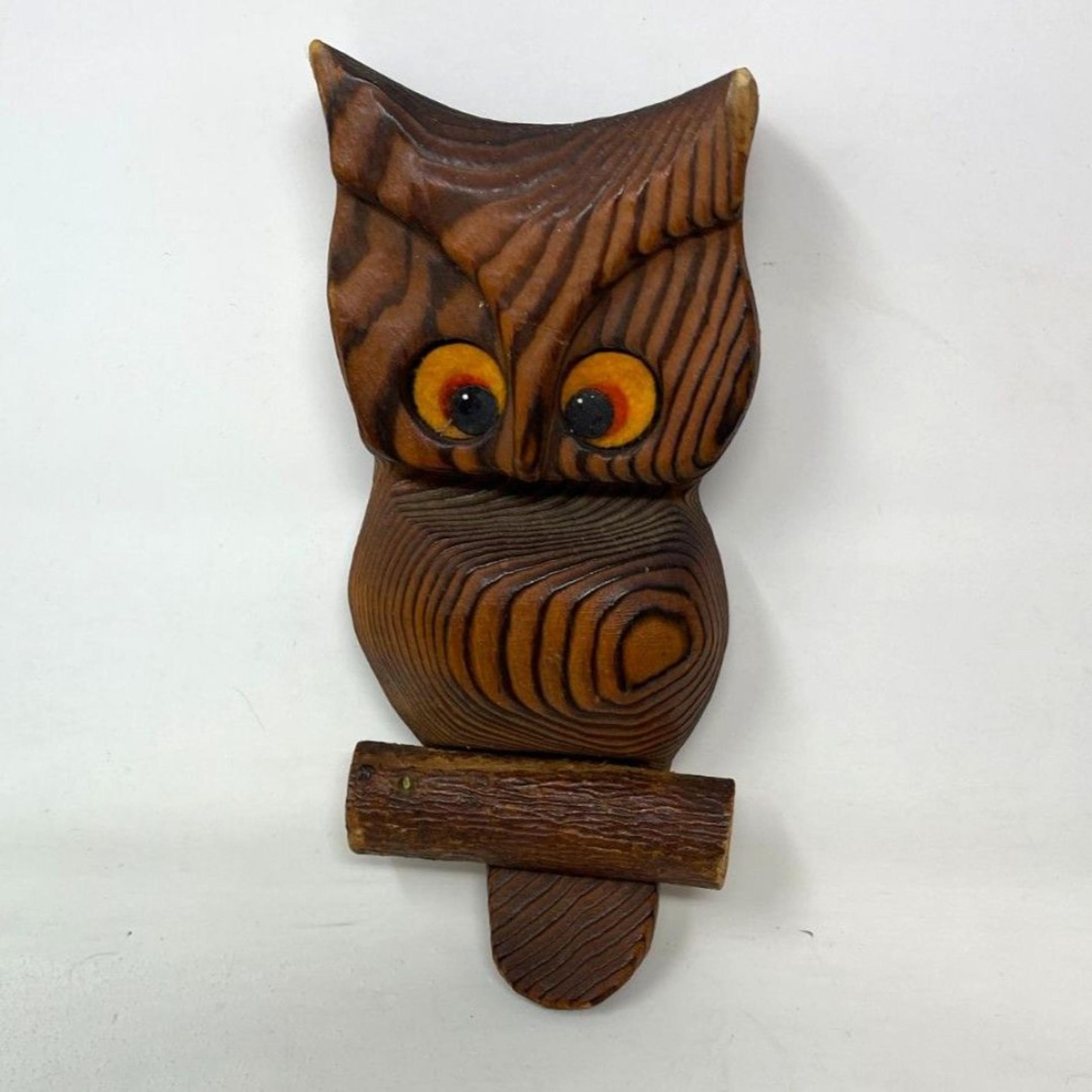 Vintage Wooden Owl MCM Mid Century Wall Hanging Figure ~Hand Made Googley Eyes