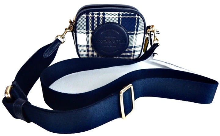 COACH MINI DEMPSEY LEATHER CAMERA CROSSBODY BAG PLAID GUITAR STRAP NAVY-NWT