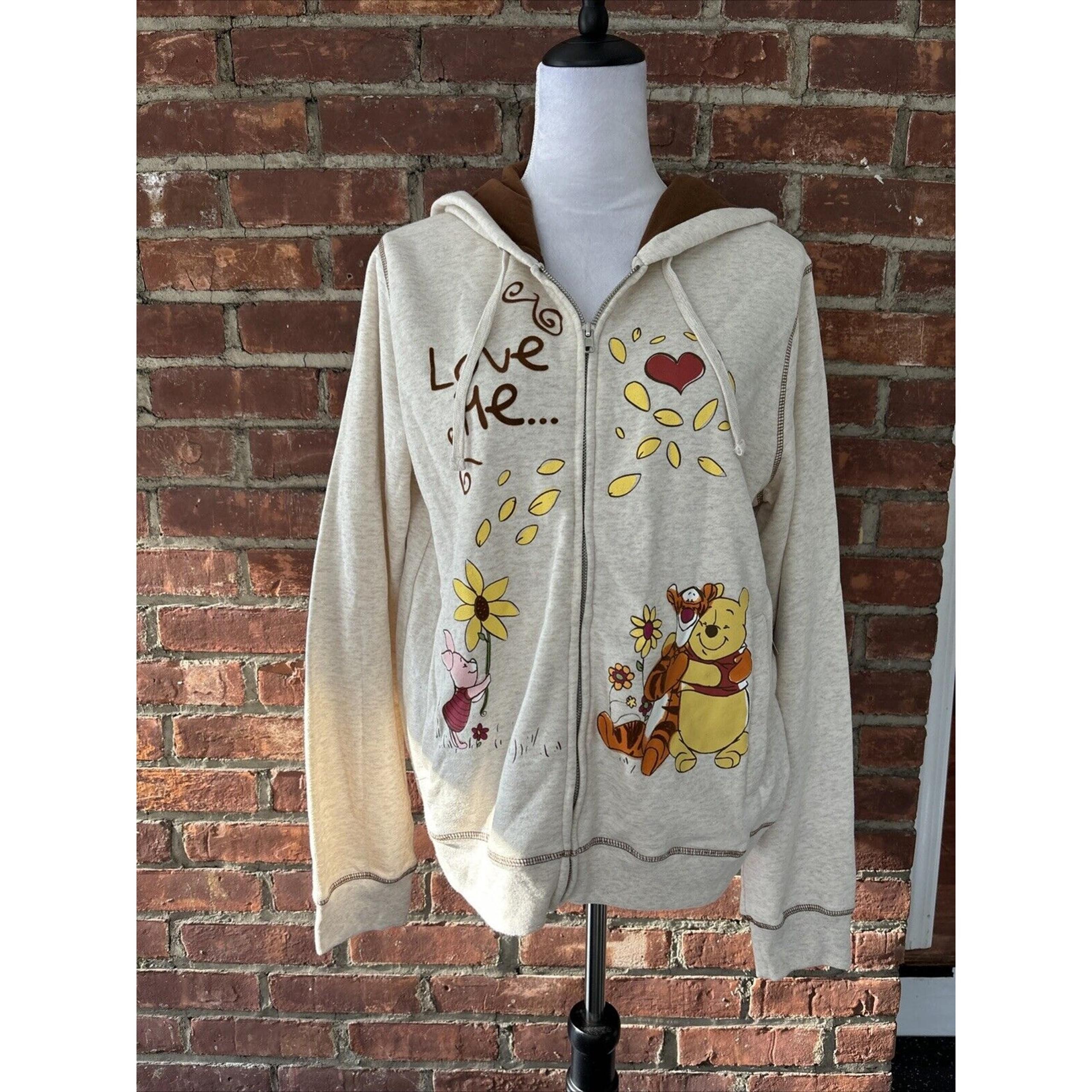 VTG Disney Hooded Full Zip Sweater Winnie The Pooh Tigger Piglet Love Me Not SzL