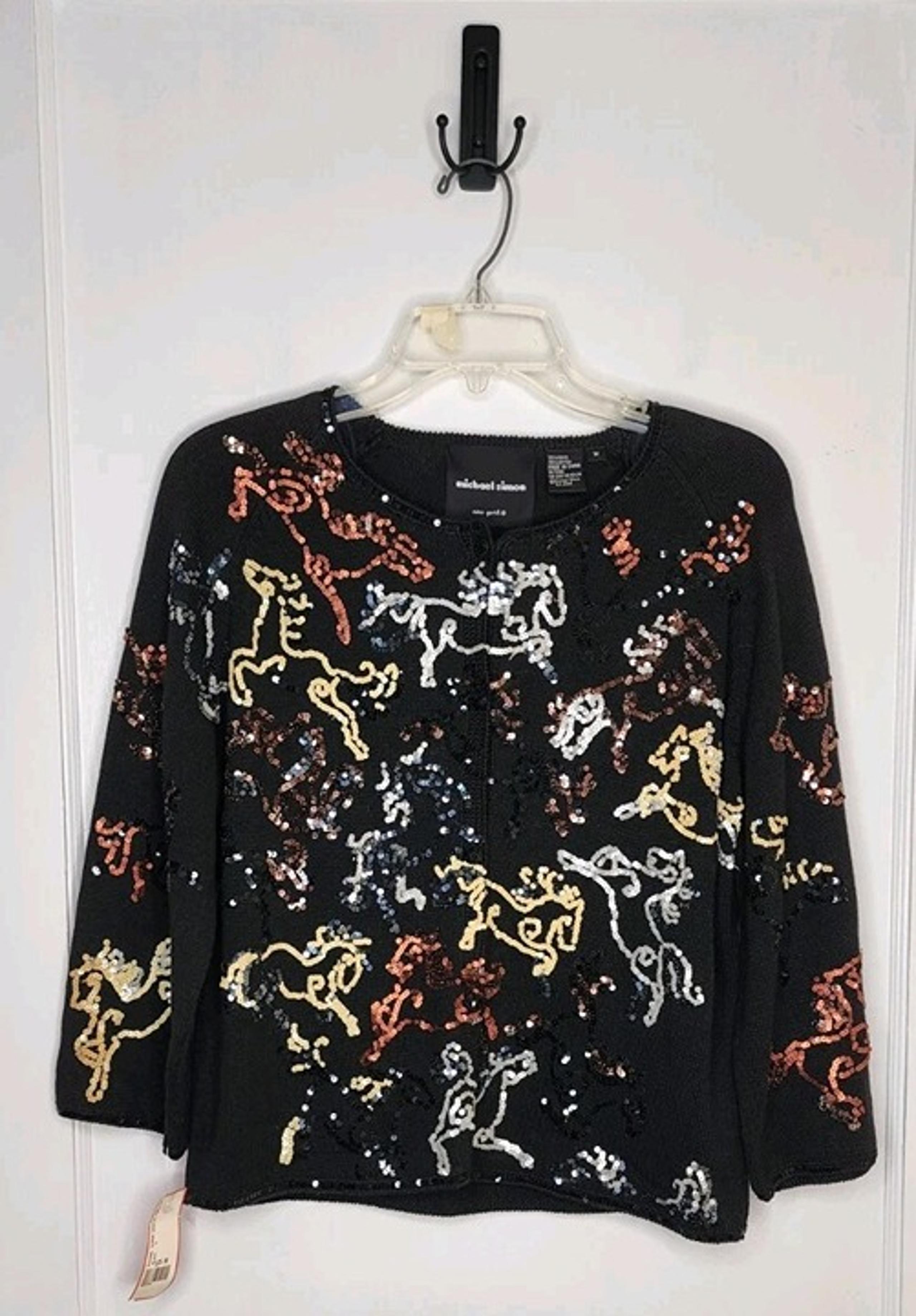 Vintage 90s Michael Simon Sz Medium Horse Sequin Knit Cardigan Sweater