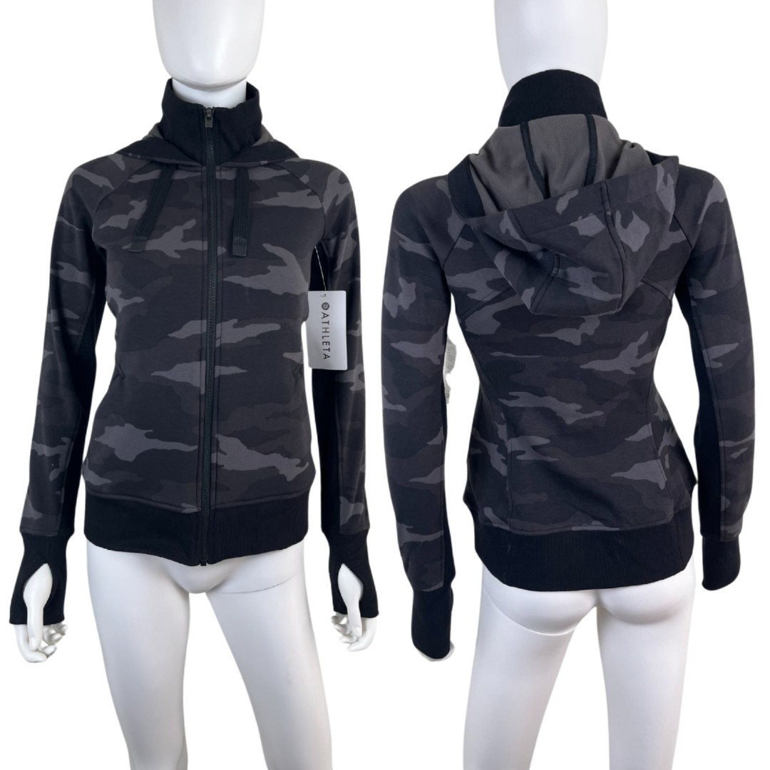 Athleta Womens Size XXS Black Camo Triumph Full Zip Cotton Hoodie NEW Jacket