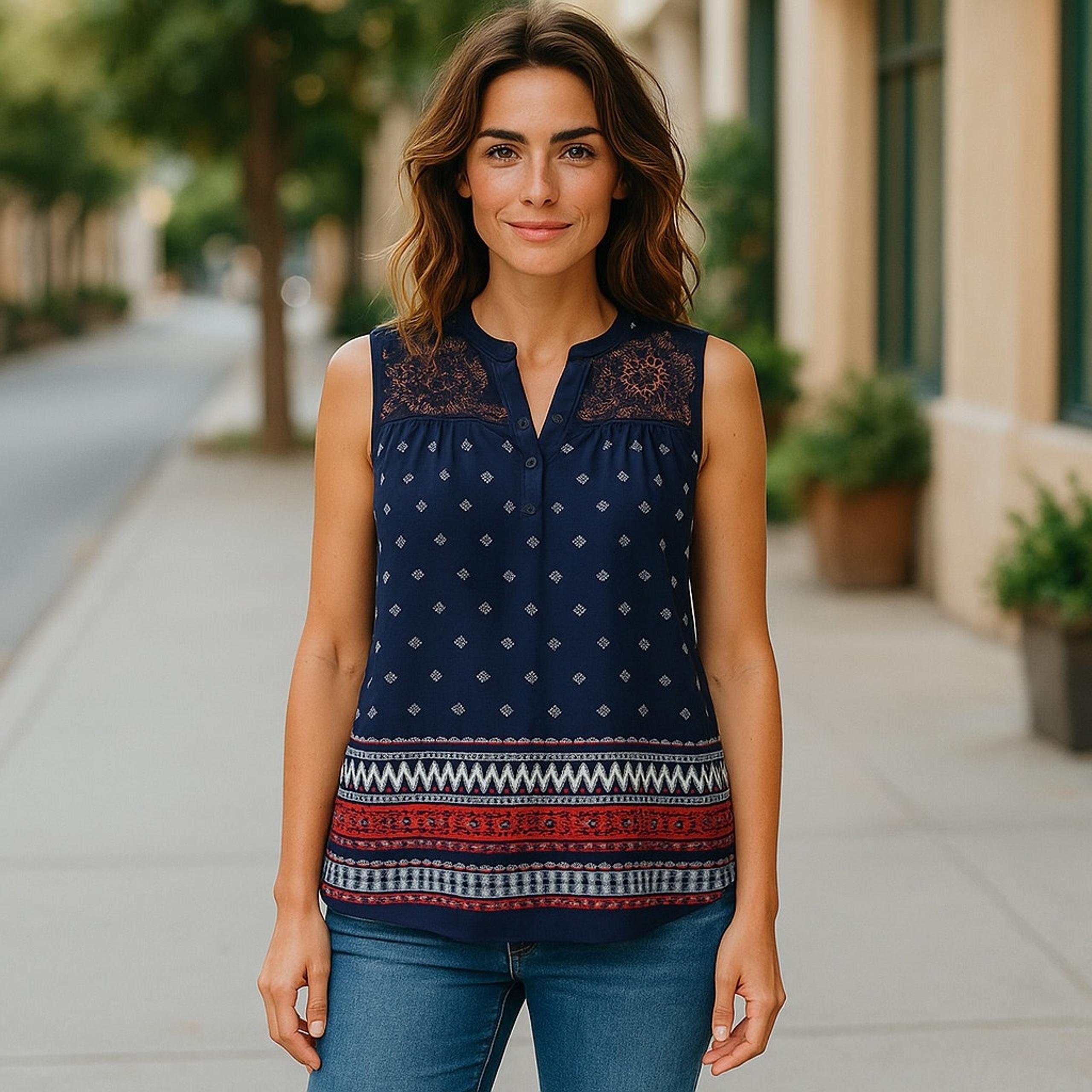 Ladies Boho Chic Blue Cami Tank Top Shirt Size M Medium ~Paisley Tank Top Blouse