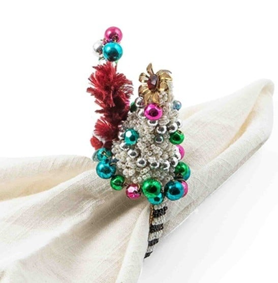 Mackenzie Childs KITSCHY Christmas Tree NAPKIN RINGS NIB SET OF 4