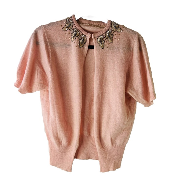 VTG 1950s Womens Small Embellished Short Sleeve Cardigan Sweater Pink Barbiecore