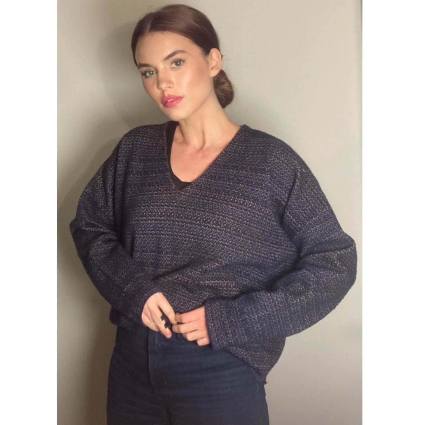 COS Cozy Oversized Blue & Black Gold Print Wool Blend Sweater ~ Sz M ~ So Hygge