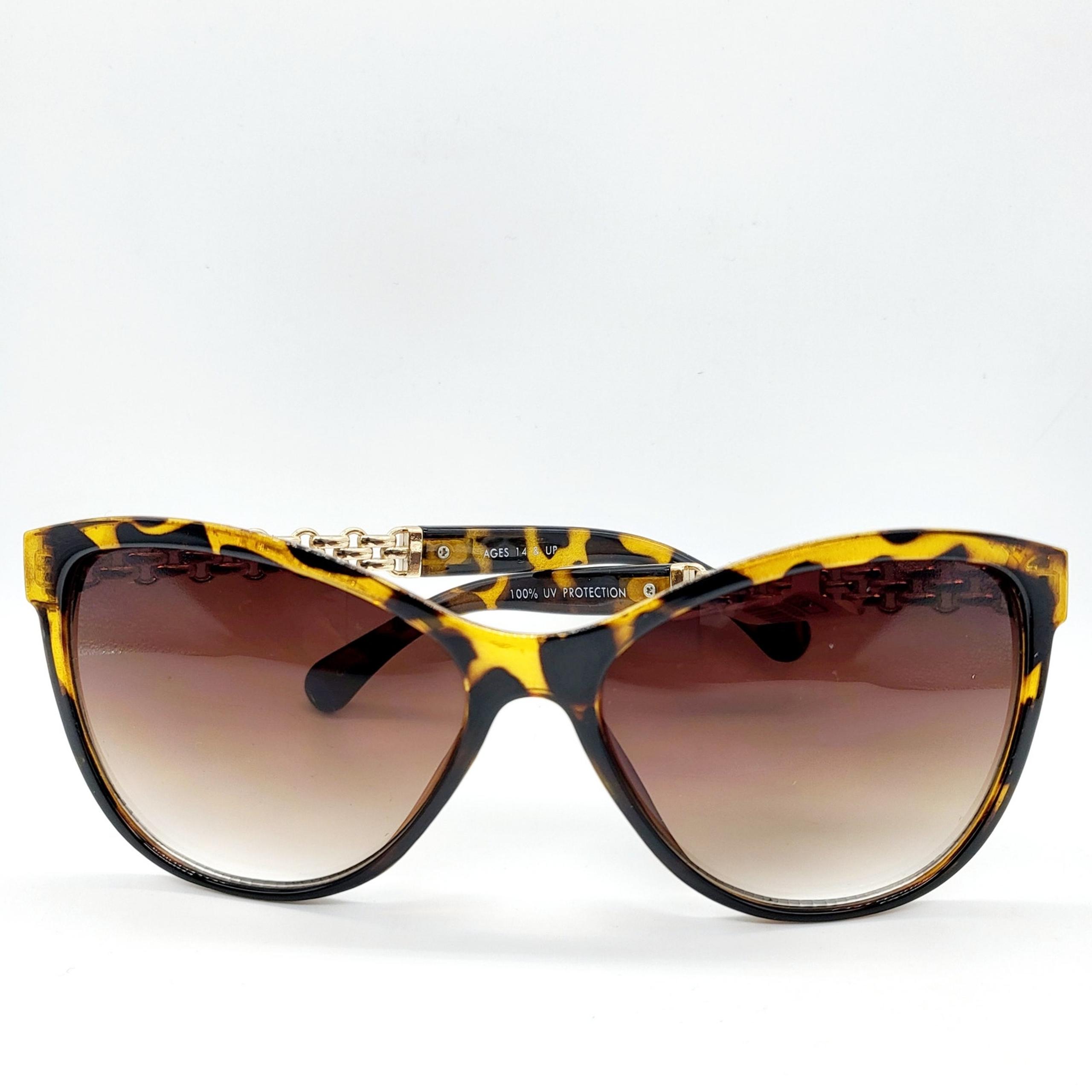 NWT Impulse Cat Eye Brown Animal Print Chain-link Detail Sunglasses