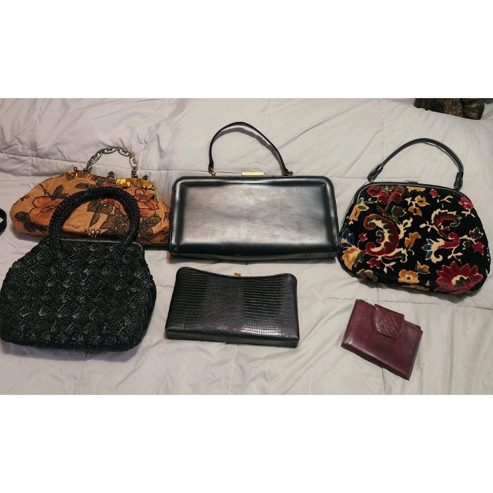 Lot Of 6 Vintage Antique Handbags Purses Japan Tapestry Leather