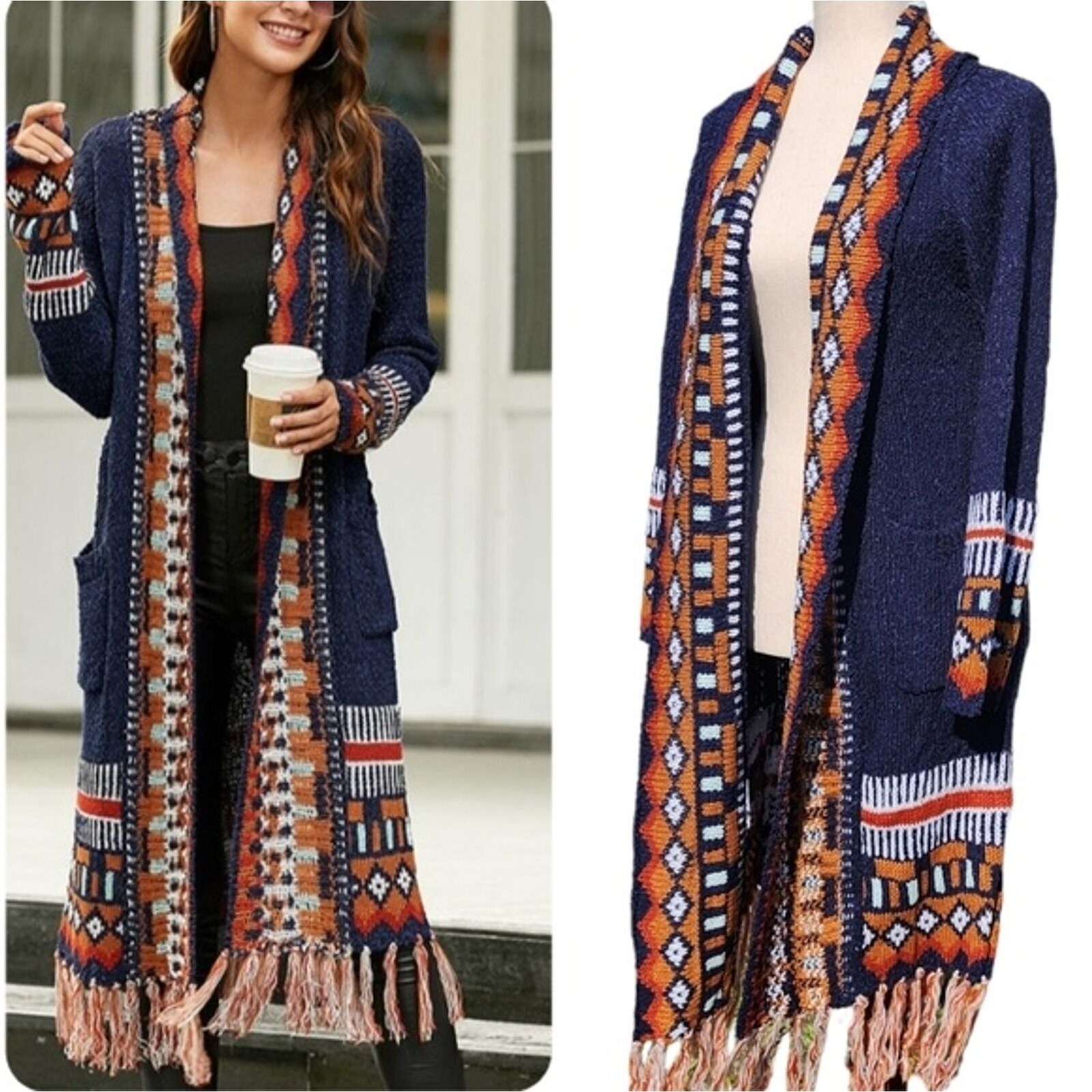 Bohemian Knit Long Duster fringed Cardigan Blue Label Says L But Fits Like M