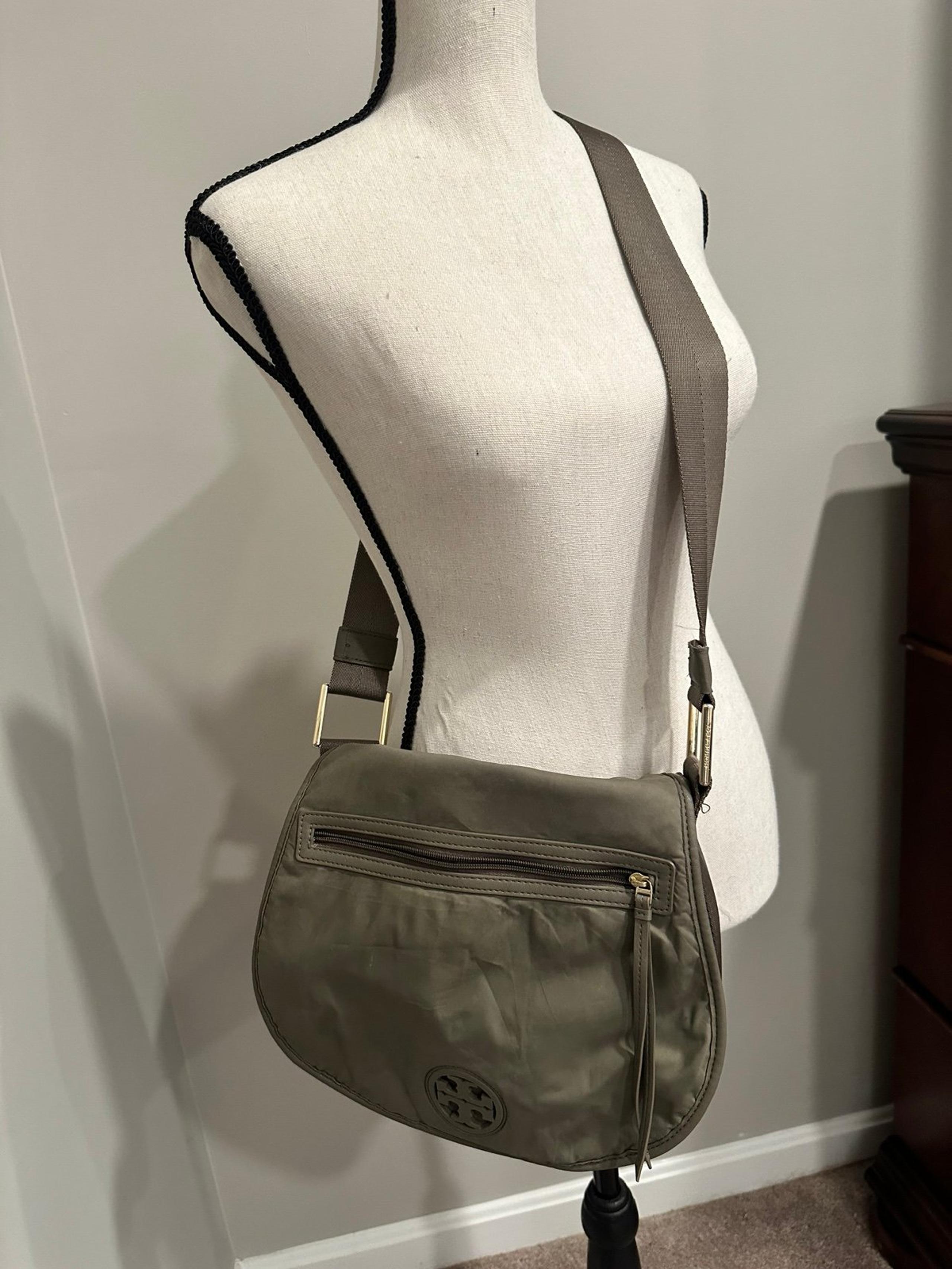 Tory Burch nylon crossbody bag, taupe, good pre-loved condition.