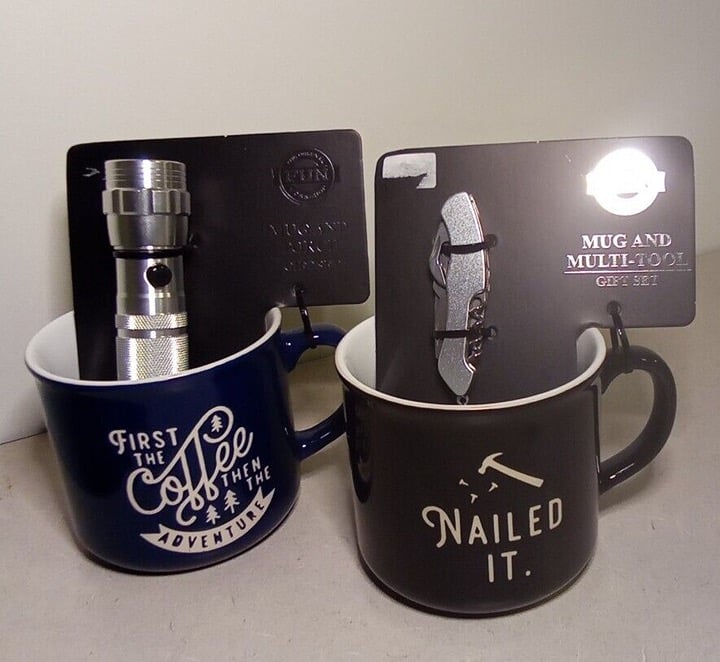 2 Stoneware Coffee Mugs + Multi-tool & Torch Gift Set. Great Gift Idea!