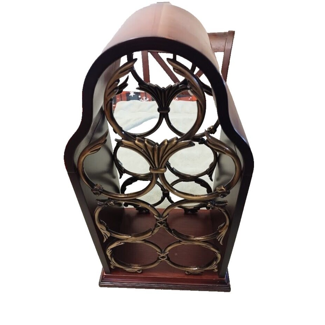 Wine Rack for Table top counter- Vintage BOMBAY cherry wood & brass 7 bottles