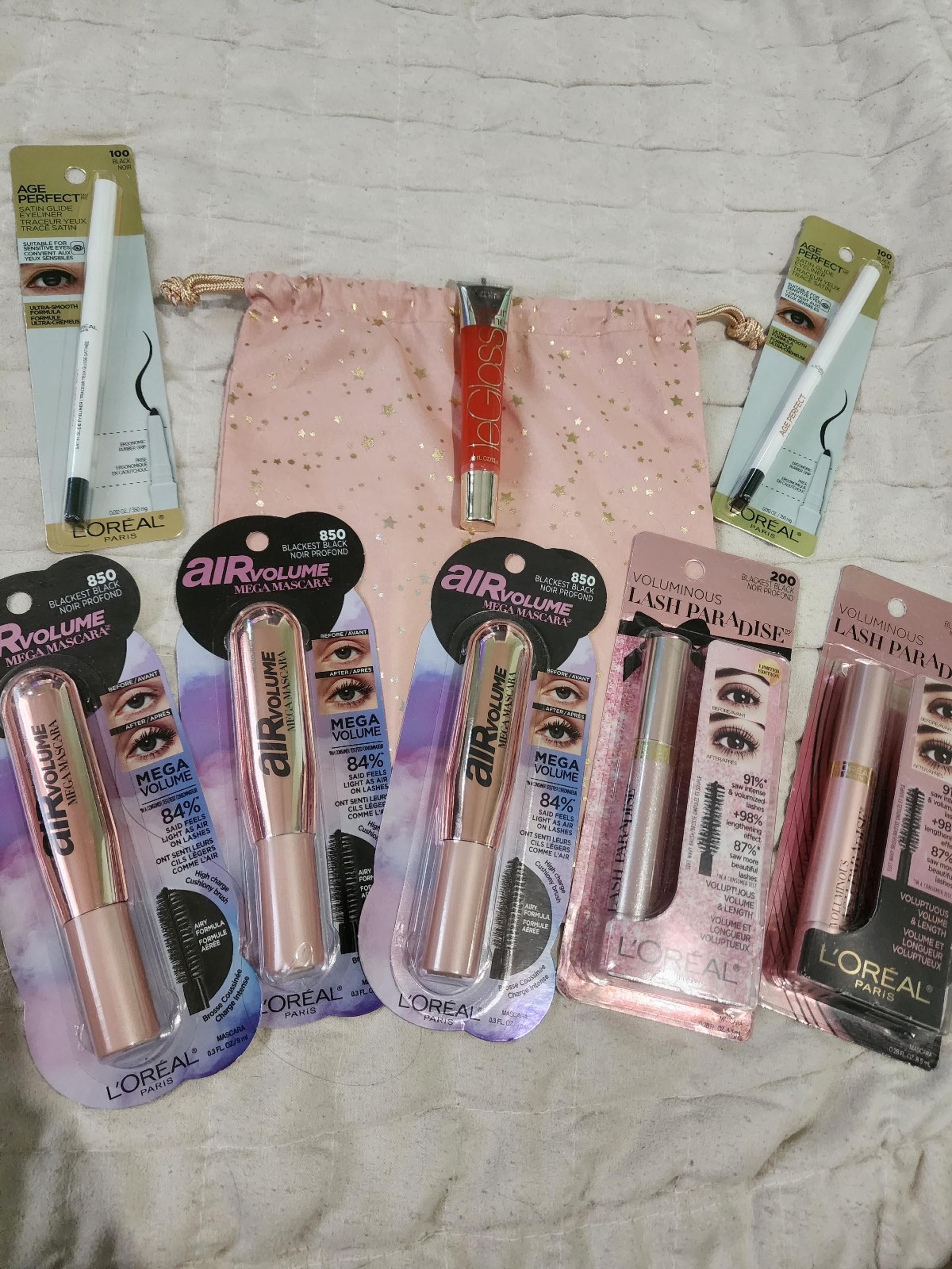 Lot Of 8 New Loreal Makeup Eye Cosmetics, Mascara, Eyeliner, Lip Gloss with Bag