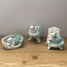 3 Ceramic Cats With Blue Blankets