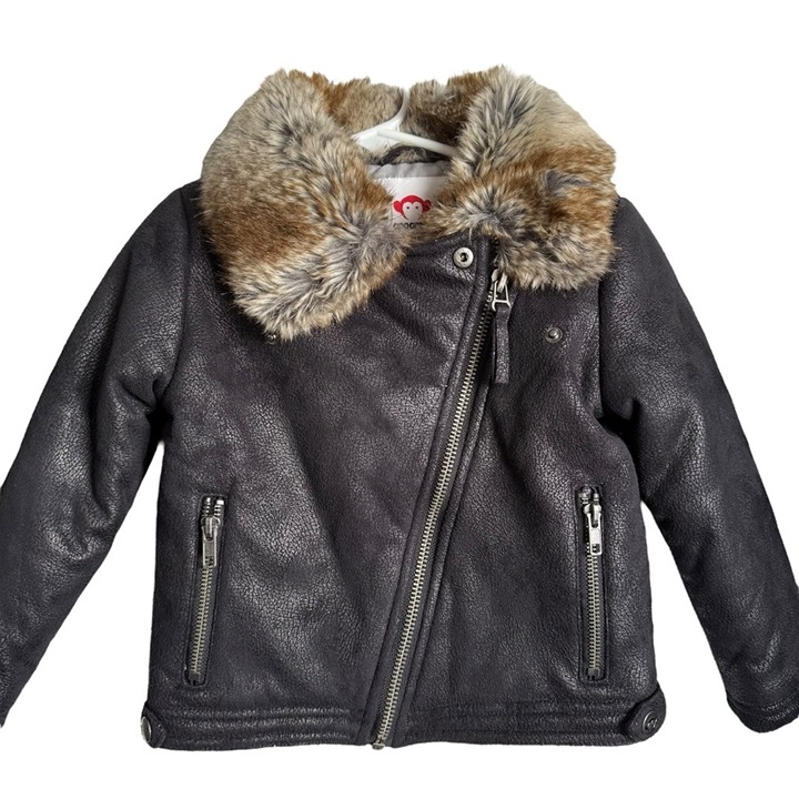 Appaman Moto Jacket Boys Size 5 Black Faux Fur Collar Trim Faux Leather Winter