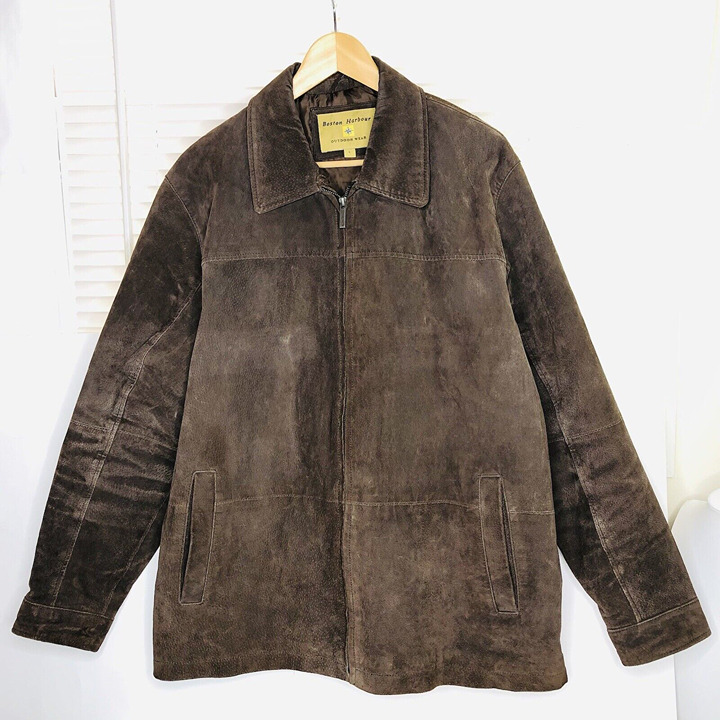 Boston Harbour Outdoor Suede Leather Jacket Sz L Coat Mens Brown Full zip Lined