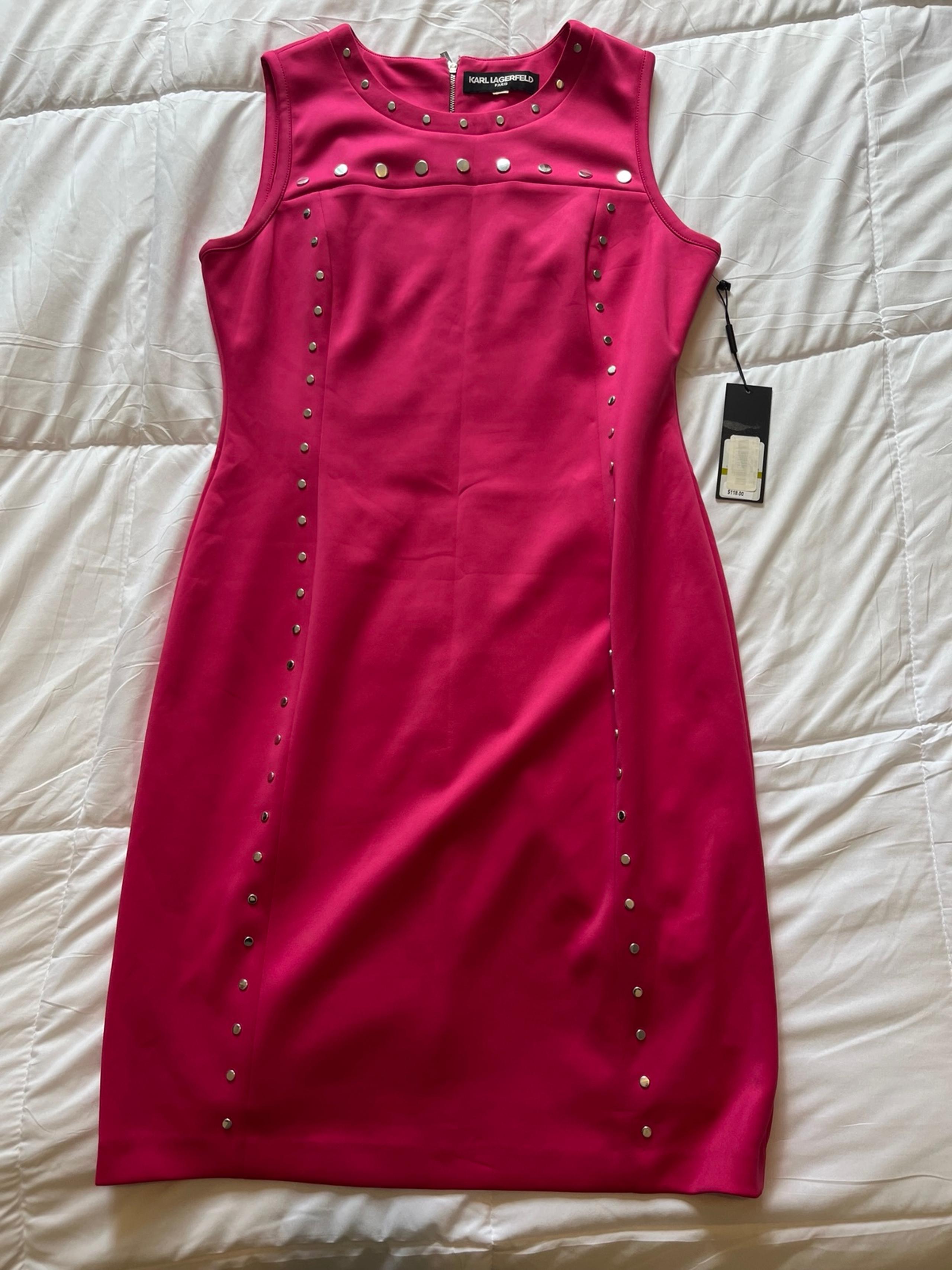 NWT Karl Lagerfeld Paris Hot Pink Silver Studs Sheath Dress Size 14 Sleeveless