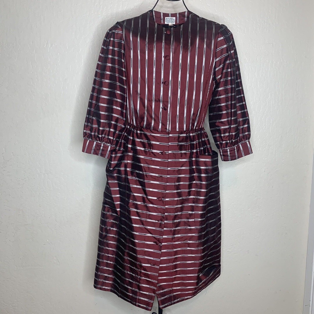 Vintage Star of Siam Maroon Striped 100% Handwoven Silk Dress Pockets Size 12