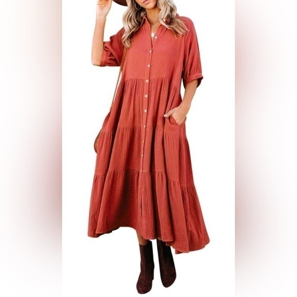 R.Vivimos Womens Button-Down Midi Dress Small Red Collared Neckline Short Sleeve