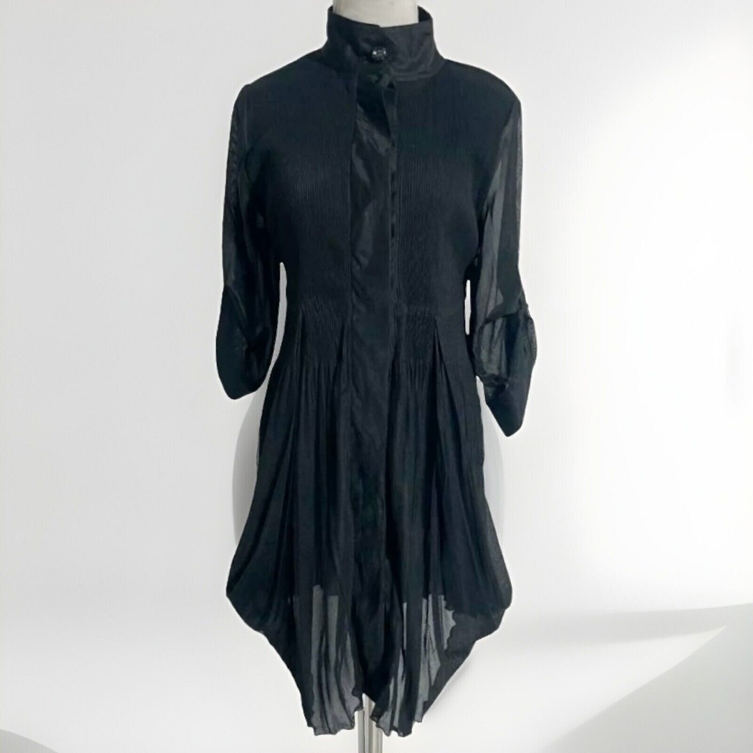 LINDI Black Tunic Ribbed Top w/ Sheer Mesh Bottom Boho Lagenlook Avant-Garde L