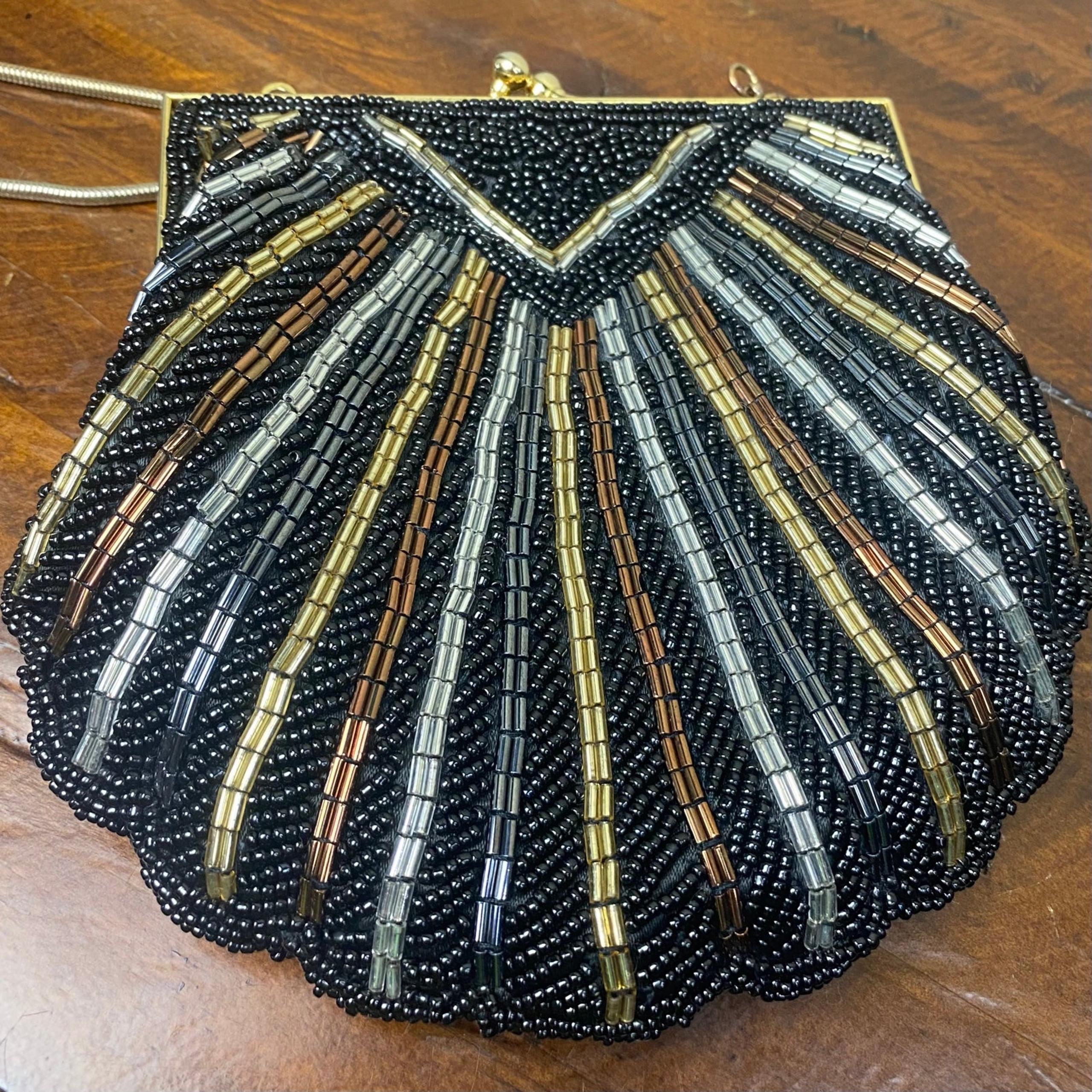 Vintage Beaded Black Clam Shell Purse With Gold Frame & Crossbody Strap