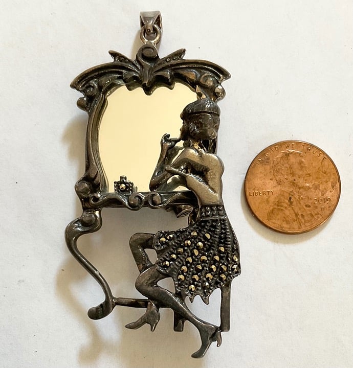 Sterling Silver Marcasite Art Deco Pendant / Brooch - Lady In Mirror Vanity 925