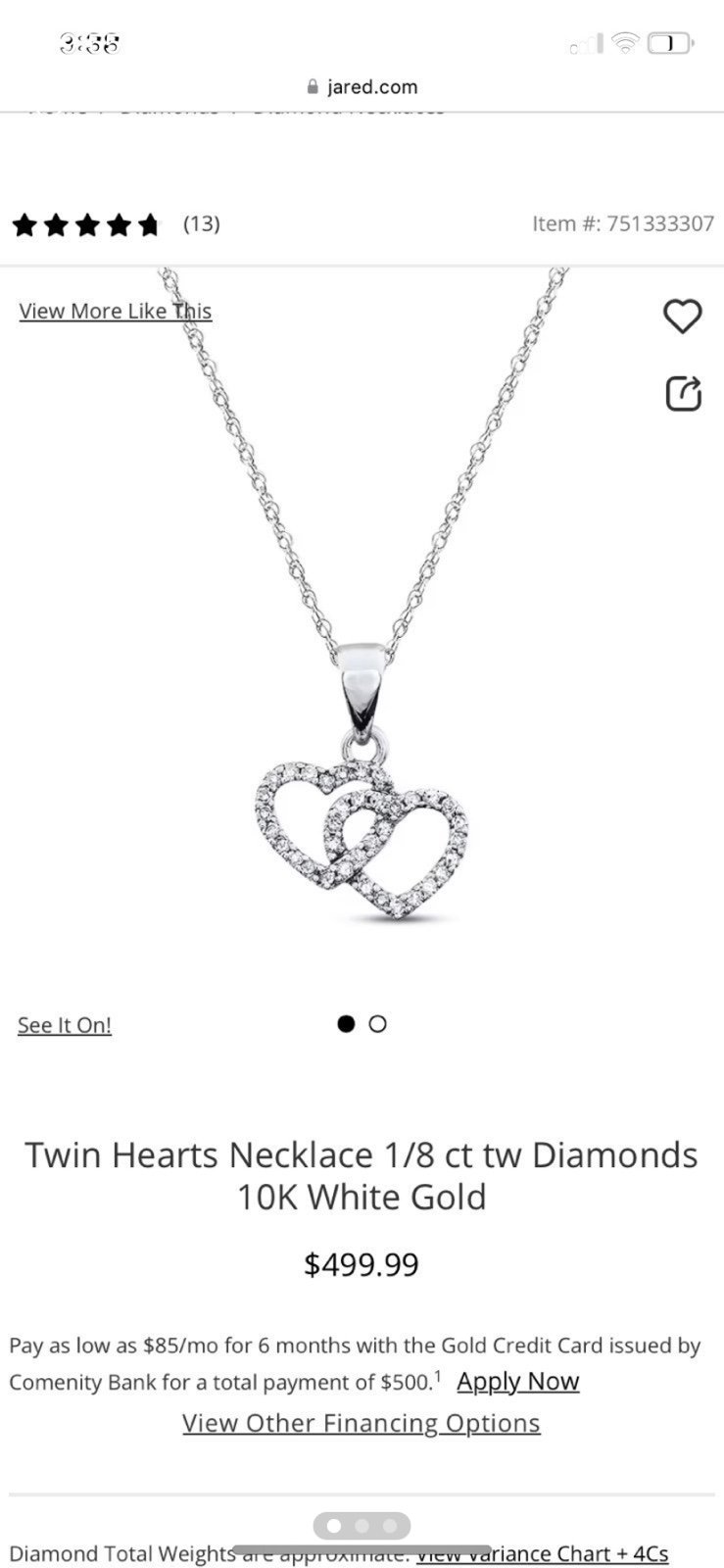 Jared Twin Hearts Necklace 1/8 ct tw Diamonds 10K White Gold