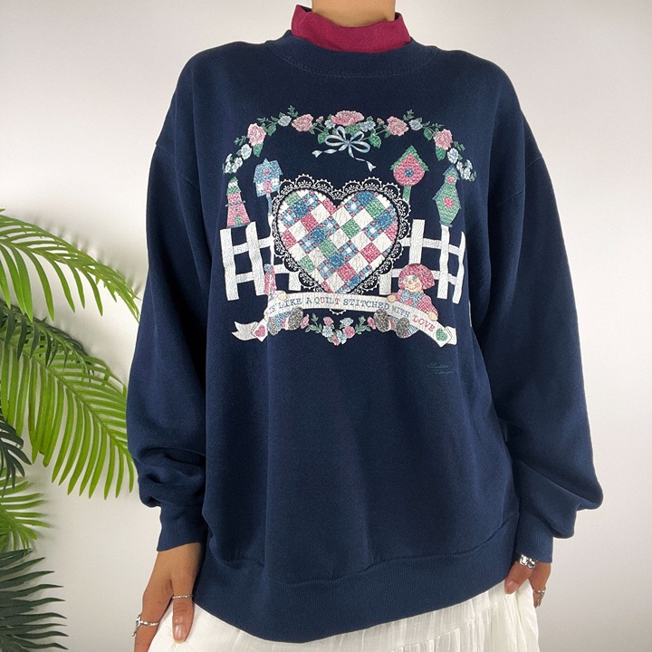 Vintage 90s Blue Cottagecore Floral Graphic Grandmacore Oversized Sweatshirt / L