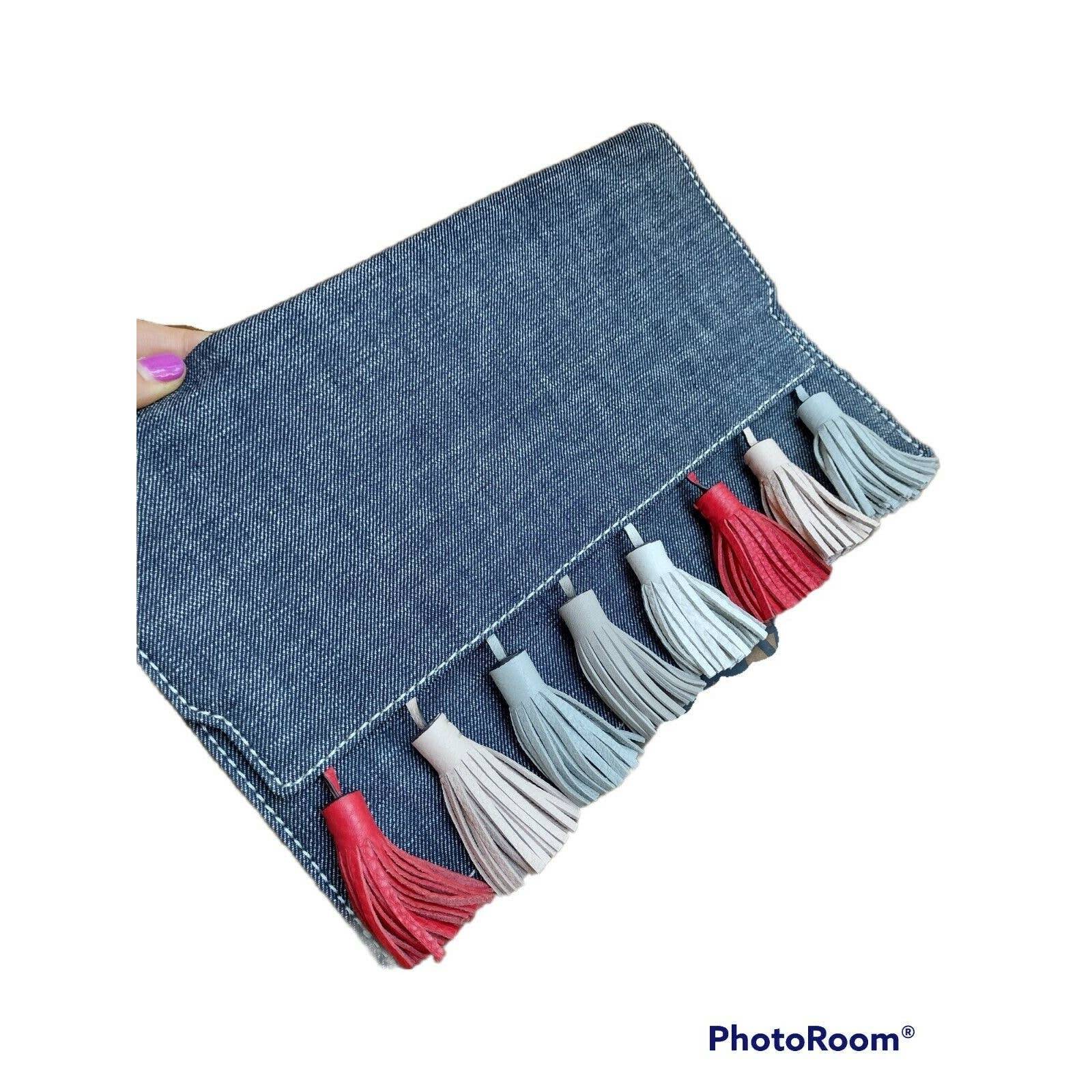 Rebecca Minkoff Denim Clutch Bags Handbag Multicolor Tassels Authentic NO STRAP