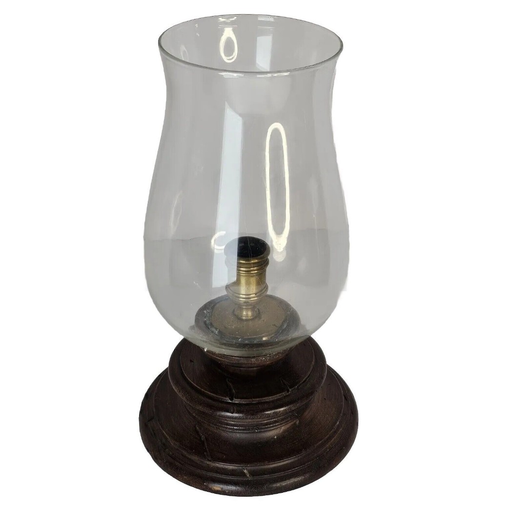 Vintage Hurricane Lamp w Dome Glass Shade And Wood Base Marked Made In Italy