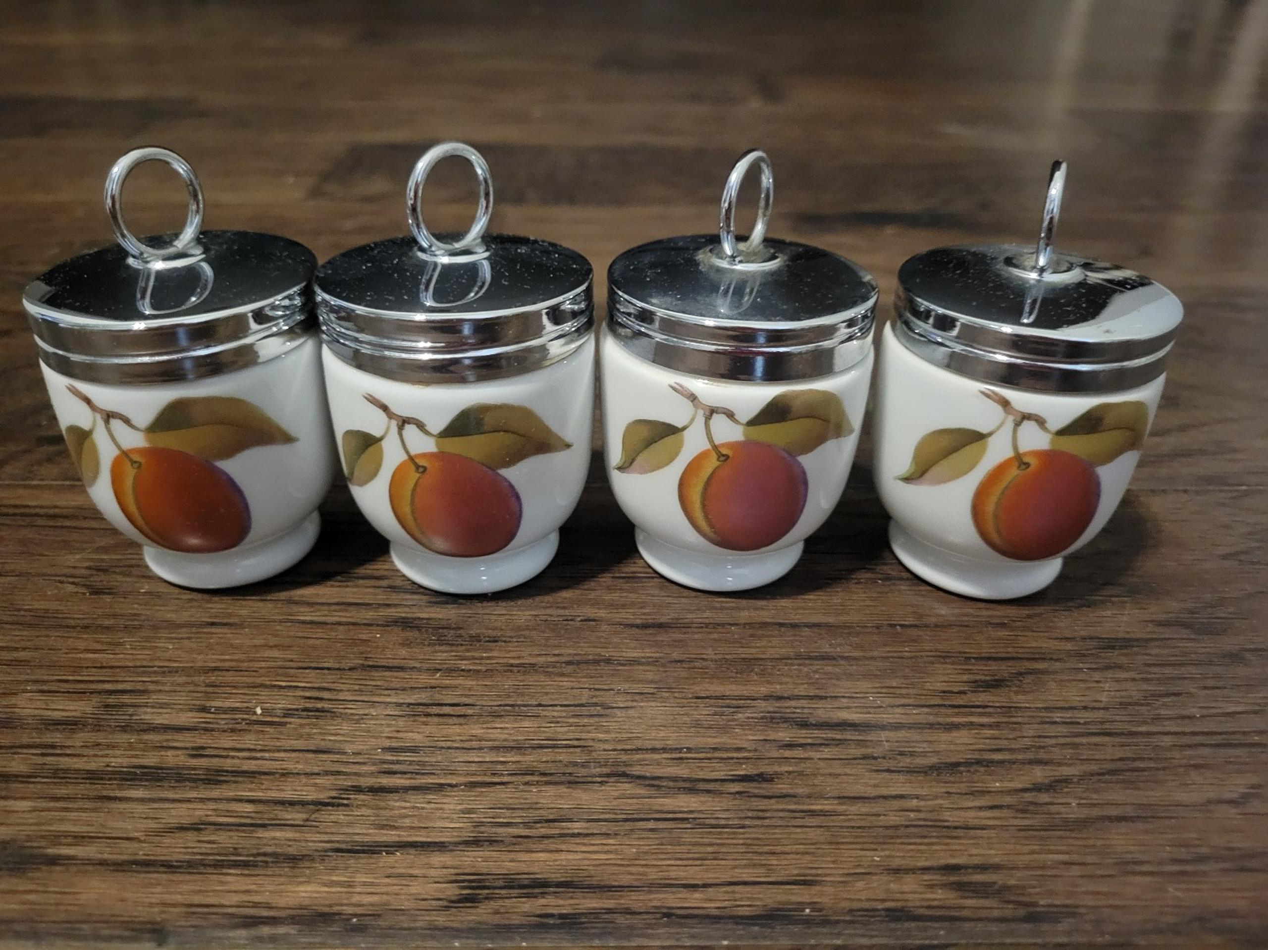 Vintage Royal Worcester Evesham set of 4 egg coddlers & lud