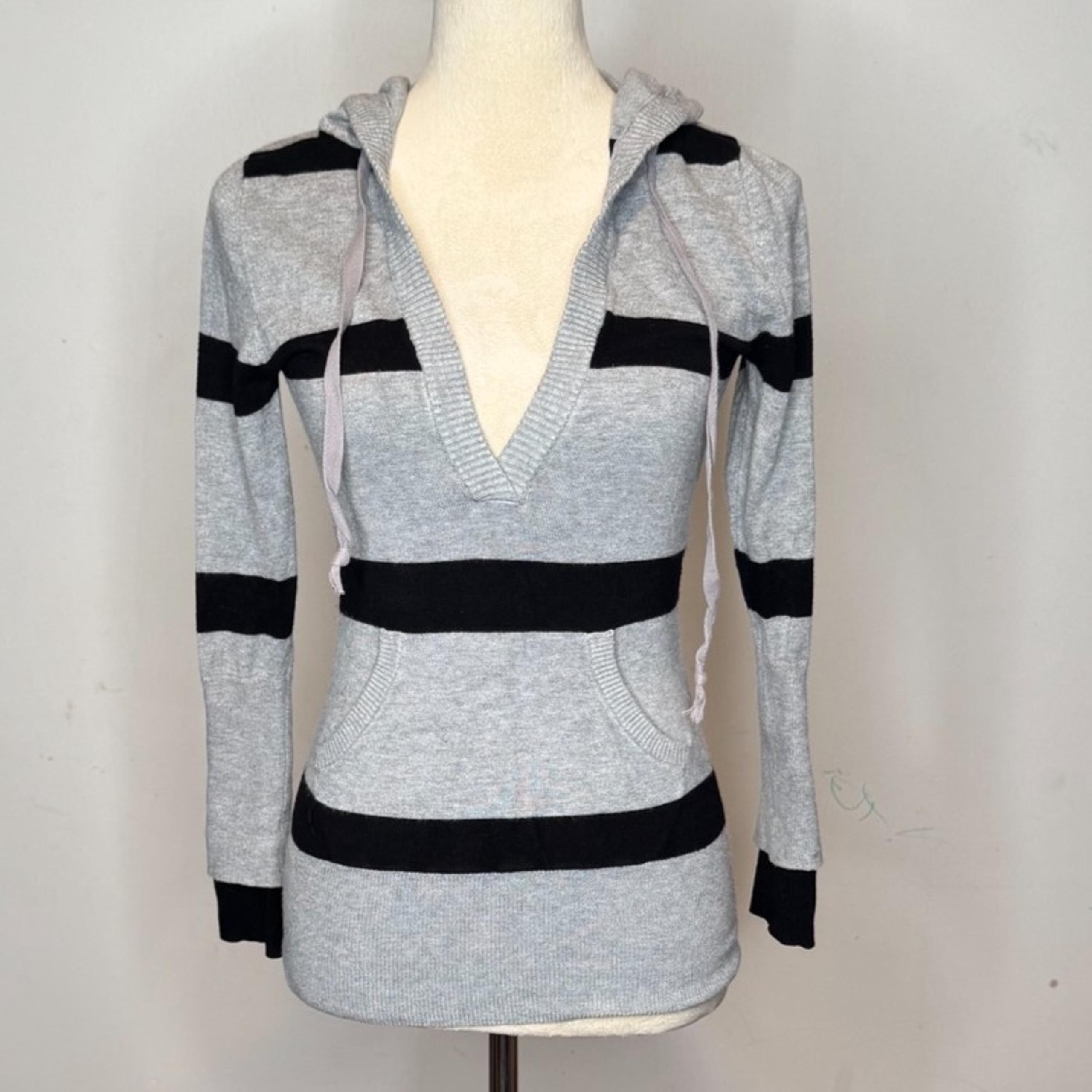 Rue21 Grey Striped Hooded Sweater V Neck Size S