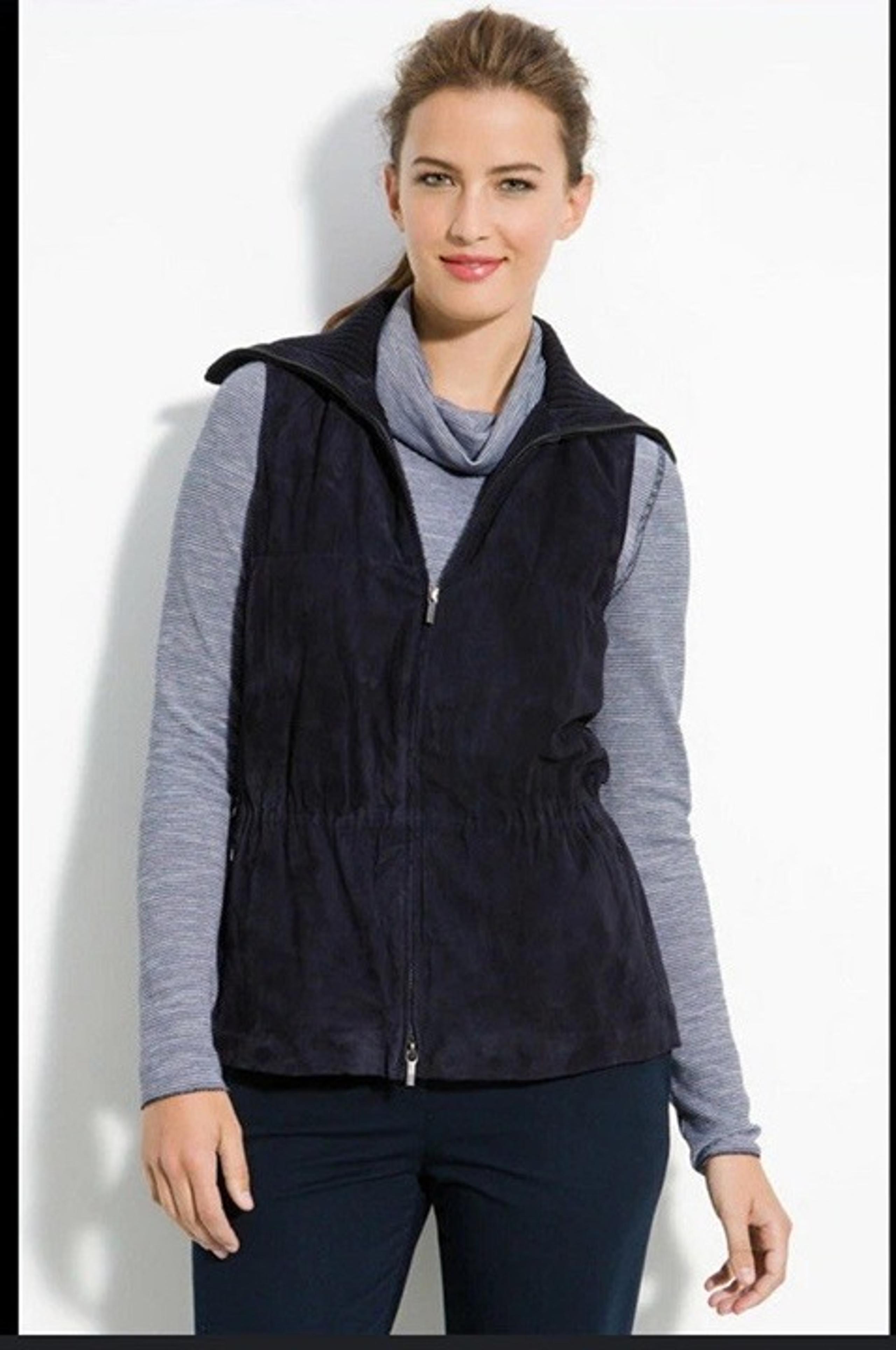 LAFAYETTE 148 New York SUEDE Turtleneck Vest Lined NAVY Drawstring Waist Size S