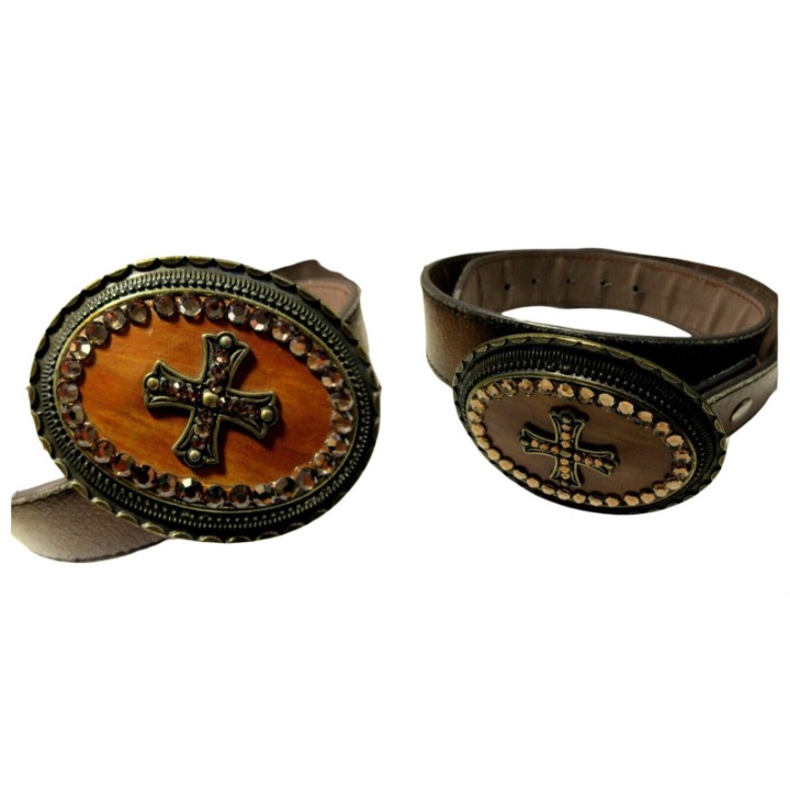 Vera Pelle Mens Leather Maltese Cross Belt Crystals Amber Buckle Italia 32 S