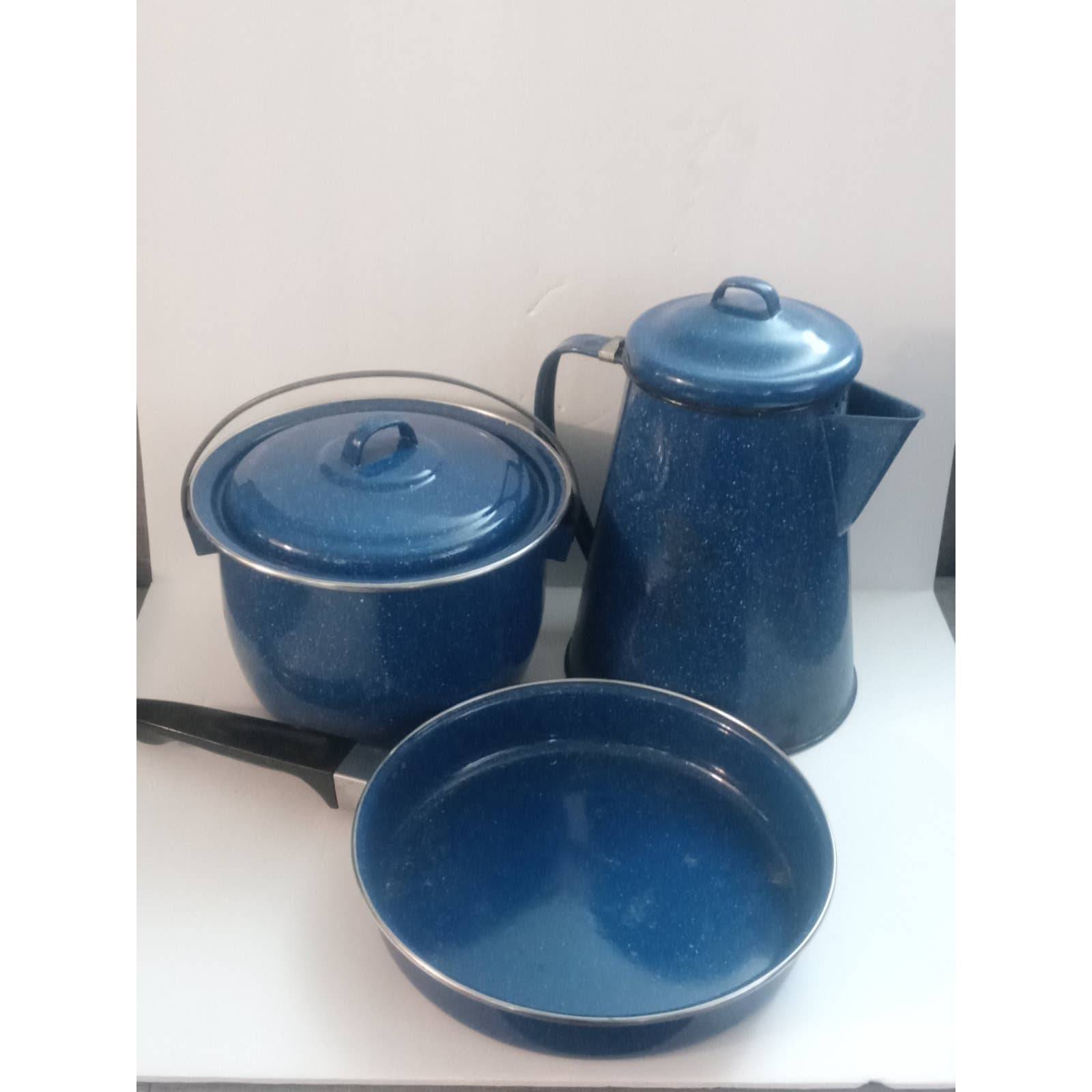 Vtg Blue Graniteware Cookware Set of 3 Coffee Pot, Frying Pan, Pot w/ Lid Rustic