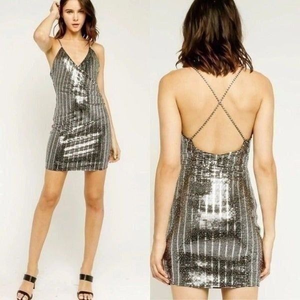 Silver Sequin Rhinestone Strappy Mini Dress Medium Nwt
