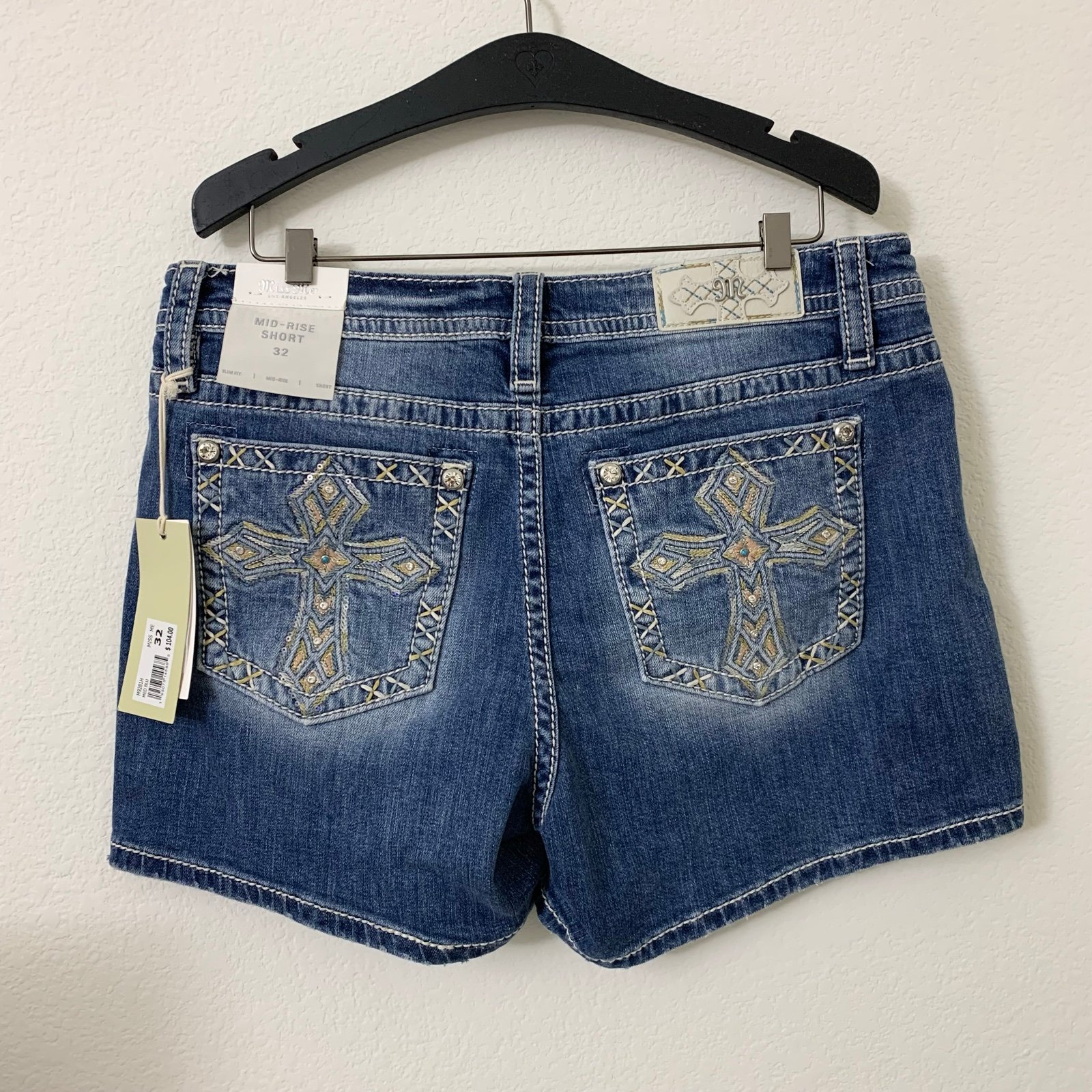 Miss Me 32 Denim Shorts Blue Mid Rise Embroidered Cross Embellished New
