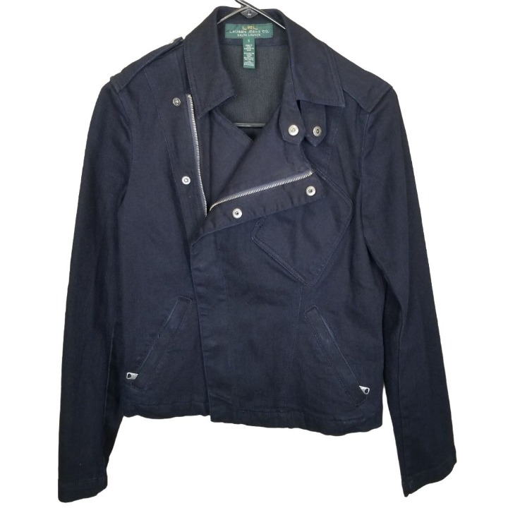 Lauren Jeans Co. Ralph Lauren Womens S Blue Full Zip Dark Wash Denim Moto Jacket