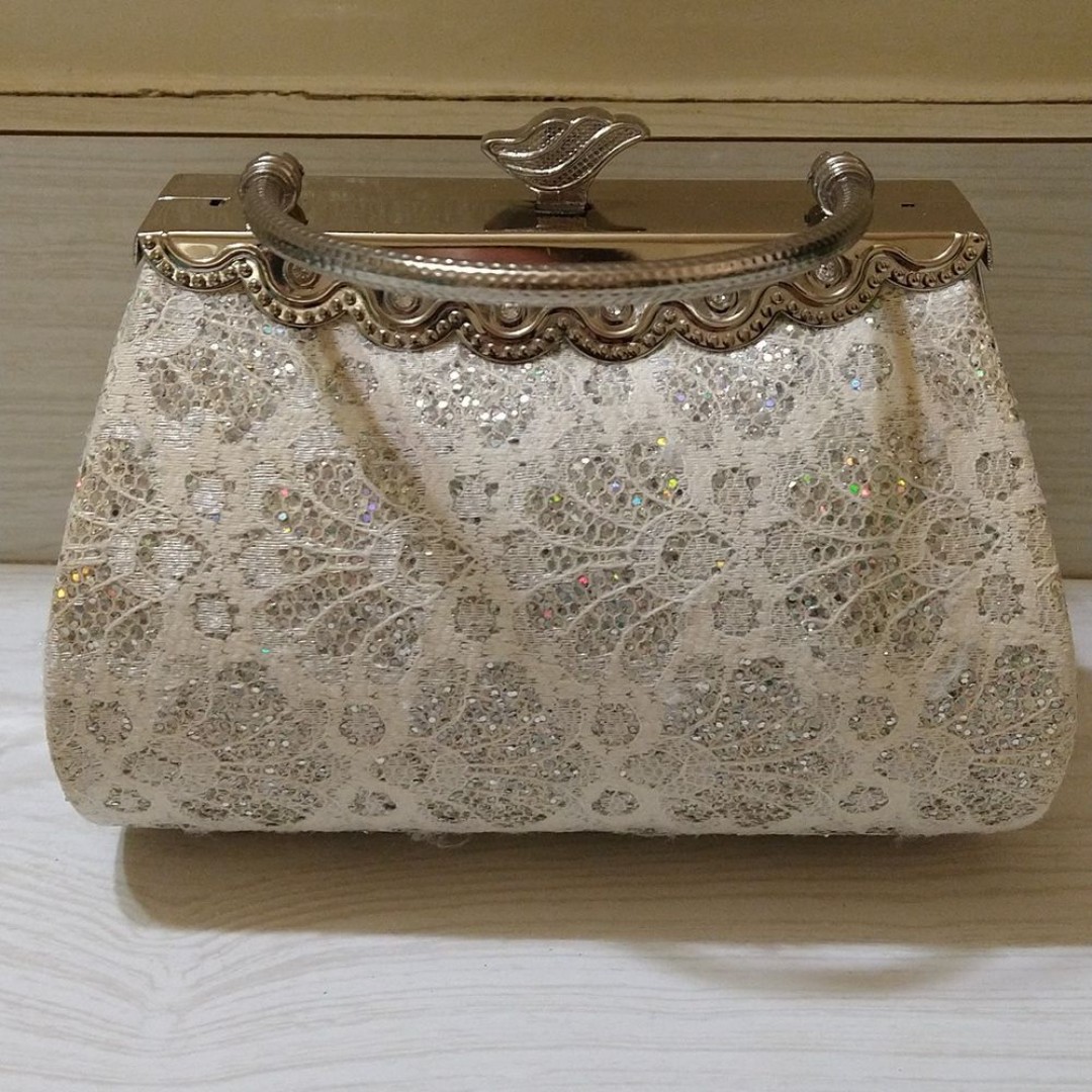 Wedding/Prom Clutch Bag with Corded White Lace, Rhinestones & Iridescent Sequins